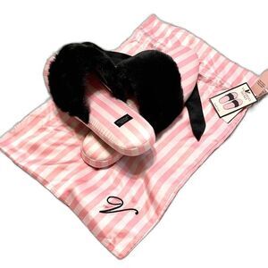 Victoria's Secret pink  Signature  Slippers Fur Pink Stripe romantic pin up